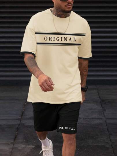 Manfinity Homme 男士字母圖案T恤和腰部抽繩短褲