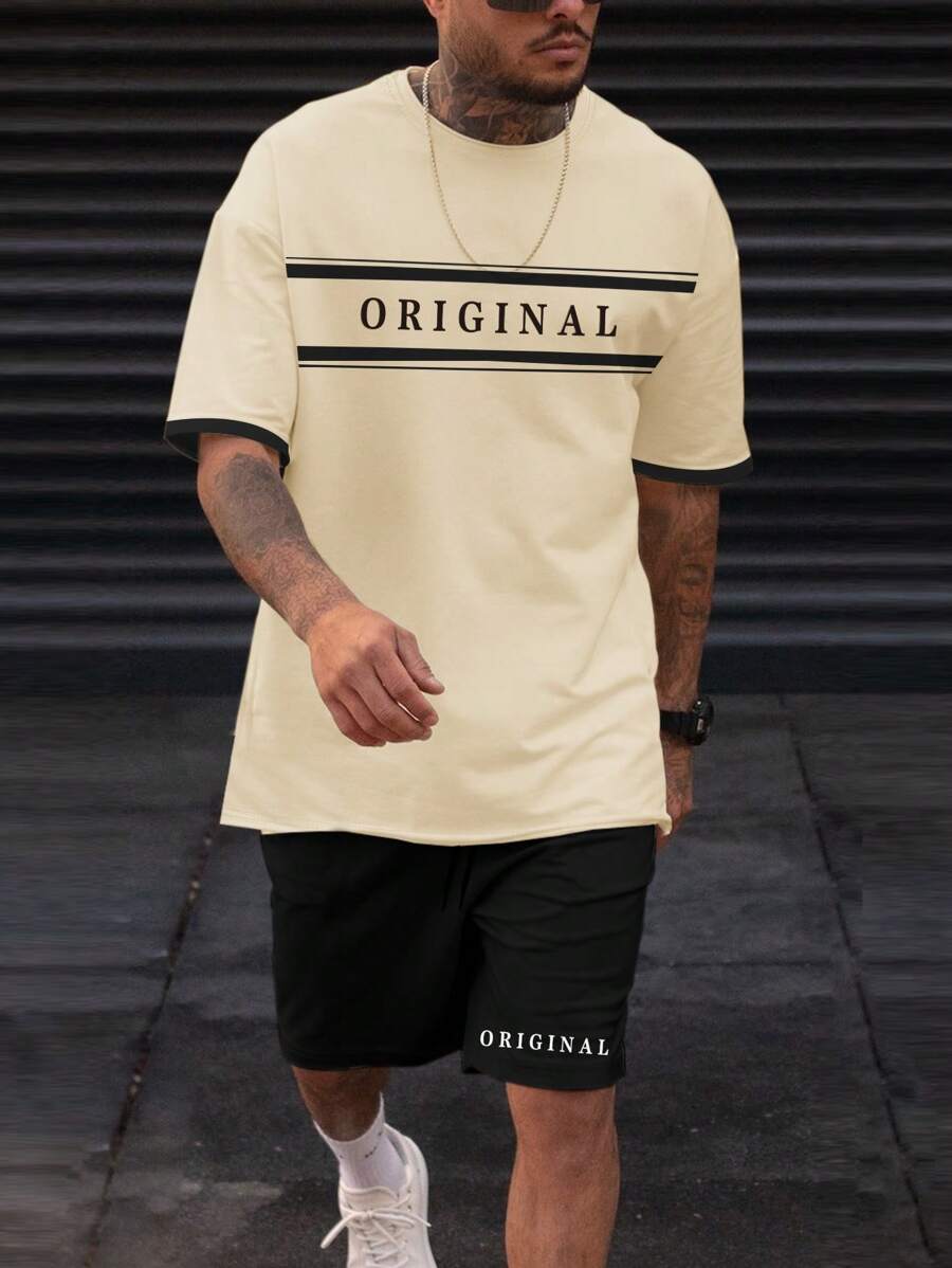 Manfinity Homme 男士字母圖案T恤和腰部抽繩短褲 - 彩色 - 查看 1