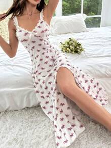 Vestido de dormir de tirantes con estampado floral ribete fruncido de muslo con abertura - Blanco - Ver 1