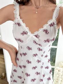 Vestido de dormir de tirantes con estampado floral ribete fruncido de muslo con abertura - Blanco - Ver 4