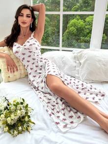 Vestido de dormir de tirantes con estampado floral ribete fruncido de muslo con abertura - Blanco - Ver 6