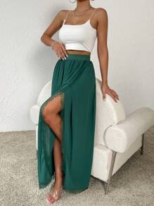 SHEIN VCAY 素色高衩拼接蕾絲邊圍裹下擺半身裙 - 墨綠色 - 查看 1