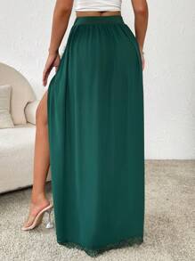 SHEIN VCAY 素色高衩拼接蕾絲邊圍裹下擺半身裙 - 墨綠色 - 查看 2