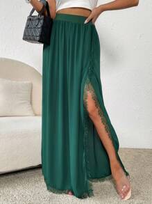 SHEIN VCAY 素色高衩拼接蕾絲邊圍裹下擺半身裙 - 墨綠色 - 查看 3