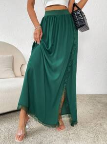 SHEIN VCAY 素色高衩拼接蕾絲邊圍裹下擺半身裙 - 墨綠色 - 查看 4