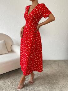 SHEIN VCAY 碎花側打結圍裹式連衣裙 - 紅色 - 查看 5