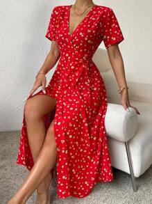 SHEIN VCAY 碎花側打結圍裹式連衣裙 - 紅色 - 查看 6