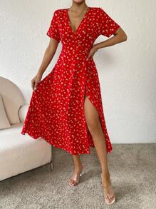 SHEIN VCAY 碎花側打結圍裹式連衣裙 - 紅色 - 查看 7