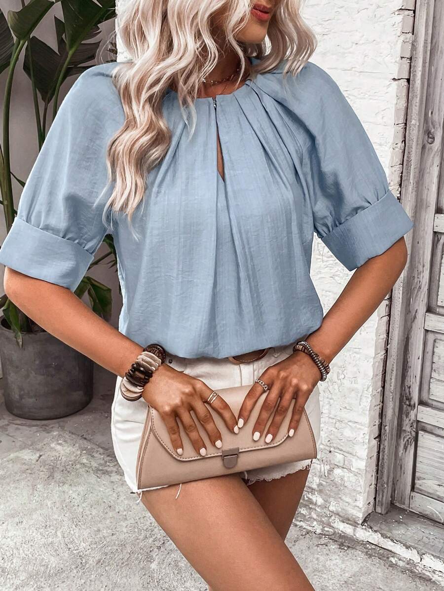 SHEIN Clasi Keyhole Neckline Raglan Sleeve Plicated Detail Blouse - Baby Blue - View 1