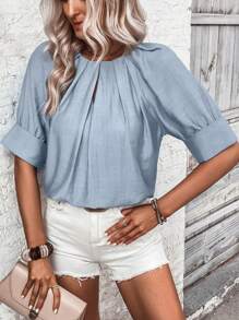 SHEIN Clasi Keyhole Neckline Raglan Sleeve Plicated Detail Blouse - Baby Blue - View 3