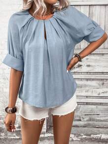SHEIN Clasi Keyhole Neckline Raglan Sleeve Plicated Detail Blouse - Baby Blue - View 5