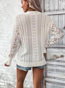 SHEIN LUNE Dệt kim chấm bi Tay áo loe Áo len - trắng - Xem 2