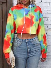 SHEIN Unity Nhuộm buộc Thả vai Dây rút Áo hoodie ngắn - Nhiều màu - Xem 1