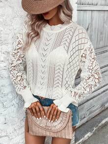 SHEIN LUNE Dệt kim chấm bi Tay áo loe Áo len - trắng - Xem 3