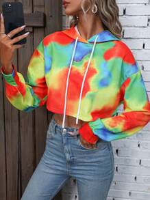 SHEIN Unity Nhuộm buộc Thả vai Dây rút Áo hoodie ngắn - Nhiều màu - Xem 3