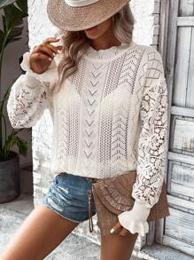 SHEIN LUNE Dệt kim chấm bi Tay áo loe Áo len - trắng - Xem 4