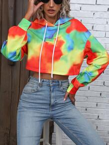 SHEIN Unity Nhuộm buộc Thả vai Dây rút Áo hoodie ngắn - Nhiều màu - Xem 4