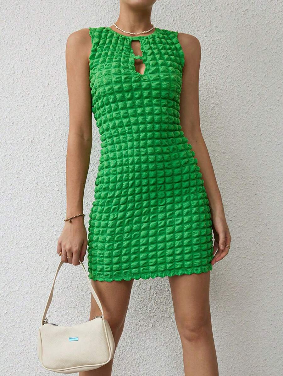 SHEIN Essnce Đầm Cắt ra Xù nhỏ màu trơn Gợi cảm - màu xanh lá - Xem 1