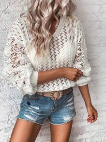 SHEIN LUNE Thả vai Dệt kim chấm bi Áo len Không có áo ngực - trắng - Xem 1