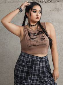splusmart Plus Figure & Slogan Graphic Crop Tank Top - Khaki - View 1