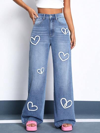 SHEIN EZwear 愛心圖案闊腿牛仔褲