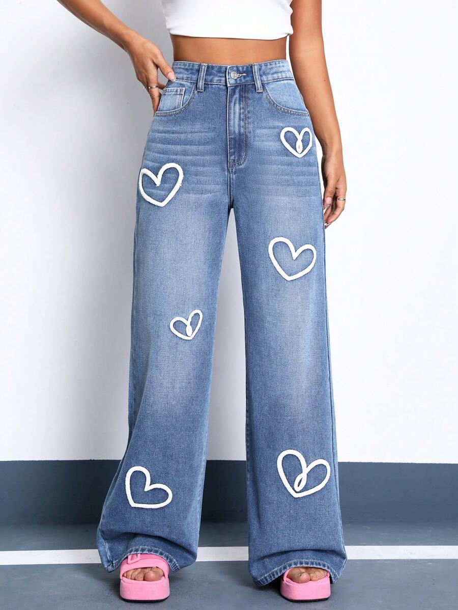 SHEIN EZwear 愛心圖案闊腿牛仔褲 - 藍色 - 查看 1