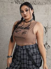 splusmart Plus Figure & Slogan Graphic Crop Tank Top - Khaki - View 3