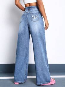 SHEIN EZwear 愛心圖案闊腿牛仔褲 - 藍色 - 查看 2