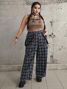 splusmart Plus Figure & Slogan Graphic Crop Tank Top - Khaki - View 4