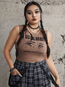 splusmart Plus Figure & Slogan Graphic Crop Tank Top - Khaki - View 5