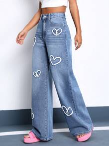 SHEIN EZwear 愛心圖案闊腿牛仔褲 - 藍色 - 查看 3
