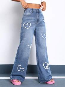SHEIN EZwear 愛心圖案闊腿牛仔褲 - 藍色 - 查看 6