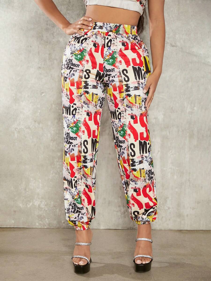 SHEIN SXY 字母圖案彈性腰帶衛褲 - 彩色 - 查看 1