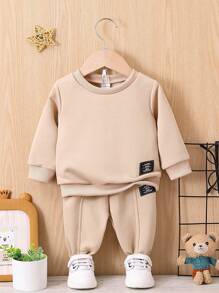 SHEIN Baby Boy Letter Patched Detail Sweatshirt & Sweatpants - Apricot - View 1