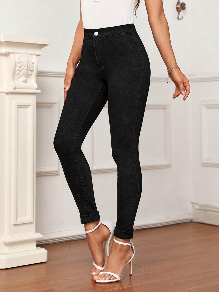 SHEIN Tall Jeans ajustados unicolor - Negro - Ver 1
