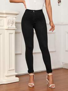 SHEIN Tall Jeans ajustados unicolor - Negro - Ver 3