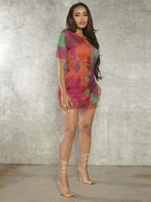 SHEIN SXY Đầm nhuộm lưới cá váy mùa thu - Nhiều màu - Xem 5