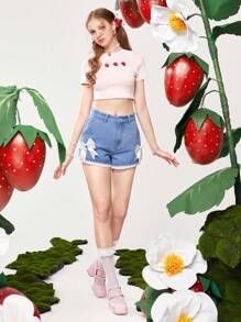 ROMWE Kawaii Nơ mặt trước Lỗ gắn thêu Trang trí ren Quần short Denim - Màu xanh lam - Xem 2