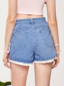 ROMWE Kawaii Nơ mặt trước Lỗ gắn thêu Trang trí ren Quần short Denim - Màu xanh lam - Xem 3