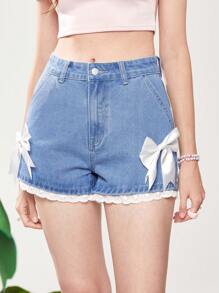 ROMWE Kawaii Nơ mặt trước Lỗ gắn thêu Trang trí ren Quần short Denim - Màu xanh lam - Xem 4