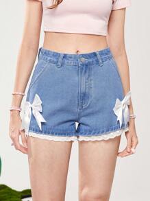 ROMWE Kawaii Nơ mặt trước Lỗ gắn thêu Trang trí ren Quần short Denim - Màu xanh lam - Xem 5