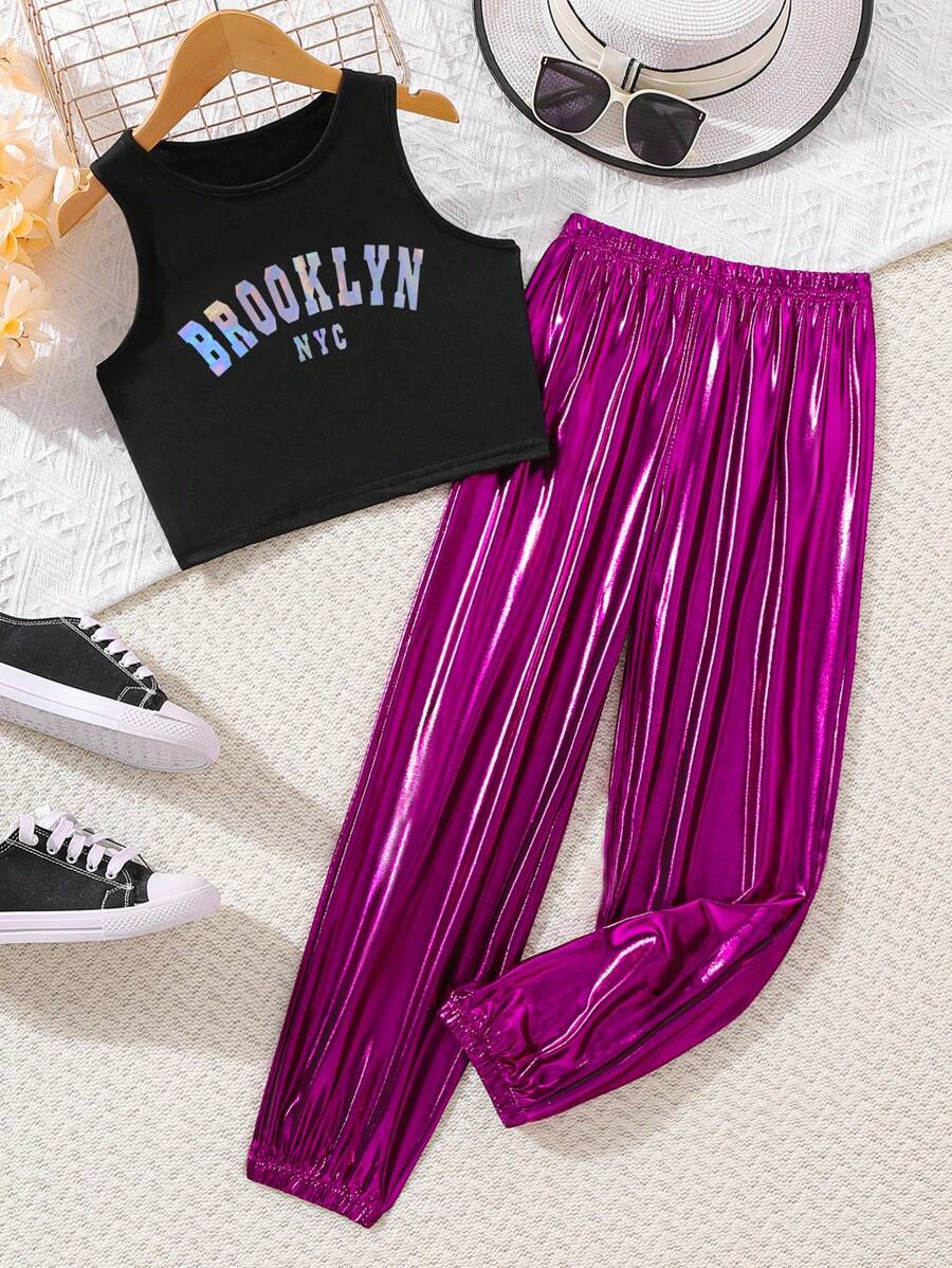 Tween Girl Letter Graphic Tank Top & Trousers - Multicolor - View 1