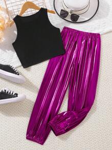 Tween Girl Letter Graphic Tank Top & Trousers - Multicolor - View 2