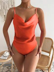 SHEIN Privé 垂領緞面吊帶連體衣 - 橘色 - 查看 1