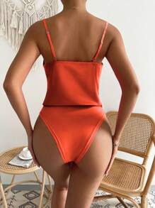 SHEIN Privé 垂領緞面吊帶連體衣 - 橘色 - 查看 2