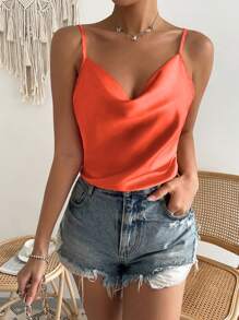 SHEIN Privé 垂領緞面吊帶連體衣 - 橘色 - 查看 4