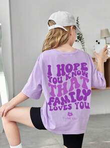SHEIN Teen Girls' Light Purple Fashionable Casual Summer Short Sleeve T-Shirt With Text Slogan Print - Purple - View 7