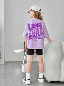 SHEIN Teen Girls' Light Purple Fashionable Casual Summer Short Sleeve T-Shirt With Text Slogan Print - Purple - View 2