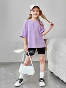 SHEIN Teen Girls' Light Purple Fashionable Casual Summer Short Sleeve T-Shirt With Text Slogan Print - Purple - View 3