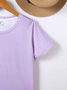 SHEIN Teen Girls' Light Purple Fashionable Casual Summer Short Sleeve T-Shirt With Text Slogan Print - Purple - View 6